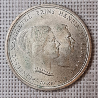 Denmark 10 Kroner 1967 "Wedding" KM-856 AU/UNC