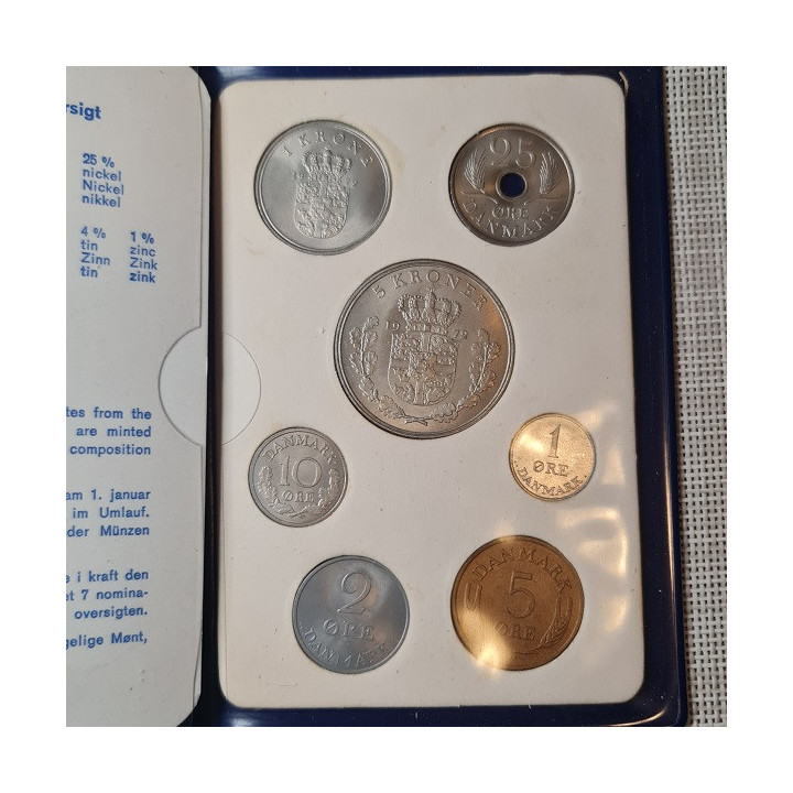 Denmark 7 Coin Set (1 Øre - 5 Kroner) 1972 UNC