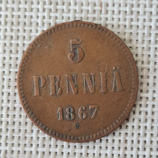 Finland 5 Penniä 1867 KM-4.1 VF