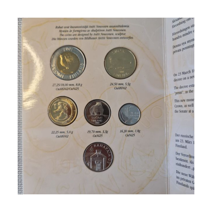 Finland 5 Coin Set (10 Penniä - 10 Markkaa) 2001/1 UNC