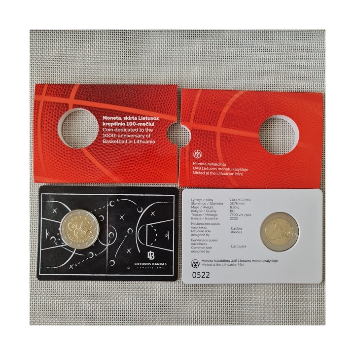 Lithuania 2 Euro 2022 "Basketball" BU (Coin Card)