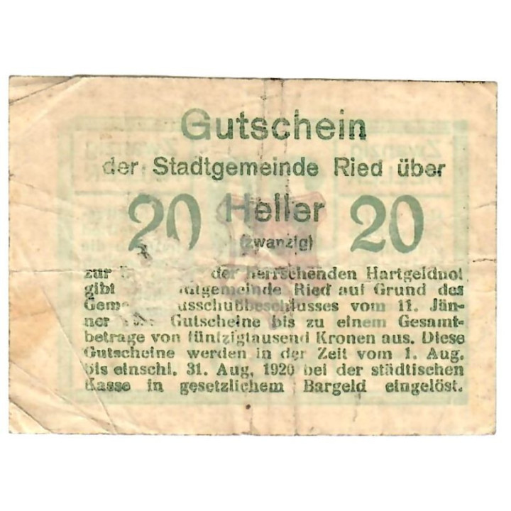 Austrian Notgeld 20 Heller 1920 JPR0834Ib-20 VF