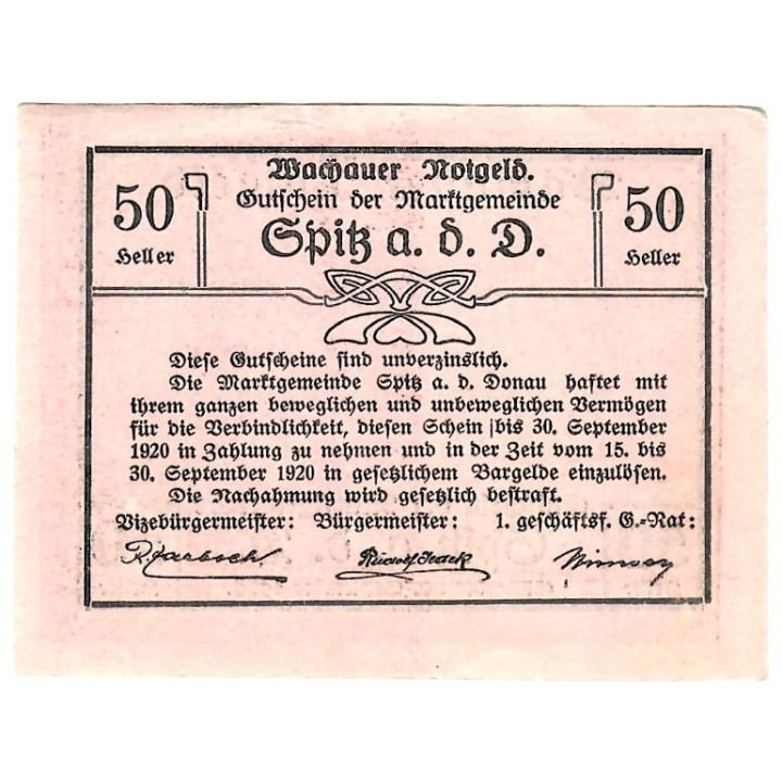 Austrian Notgeld 50 Heller Spitz 1920 UNC