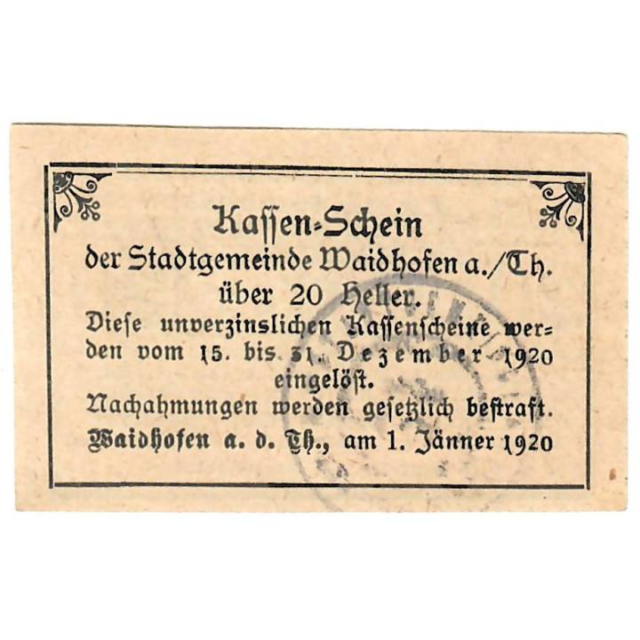 Austrian Notgeld 20 Heller 1920 JPR1125Ib-20 UNC