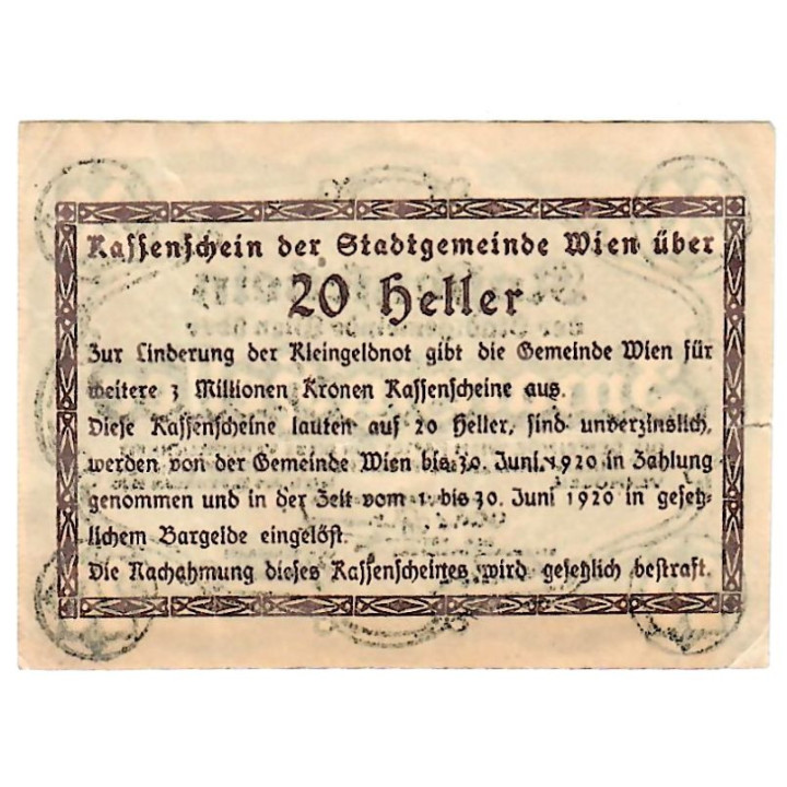 Austrian Notgeld 20 Heller 1920 JPR1183d-20 XF