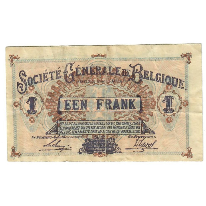 Belgium 1 Franc 1915 P-86a.2 VF