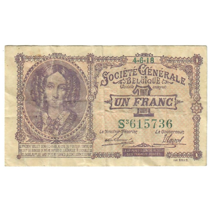 Belgium 1 Franc 1915 P-86a.2 VF