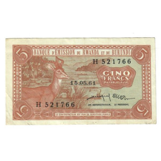Rwanda and Burundi 5 Francs 1961 P-1a.2 VF
