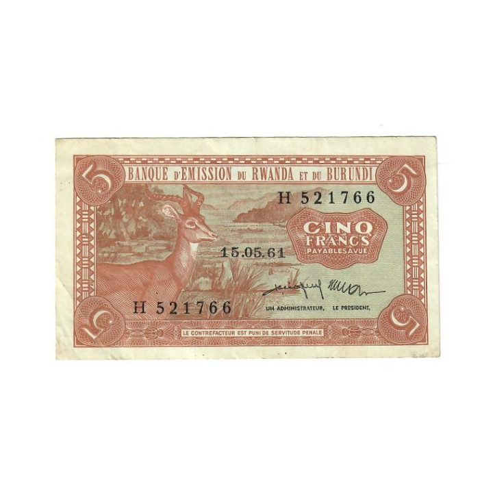 Rwanda and Burundi 5 Francs 1961 P-1a.2 VF
