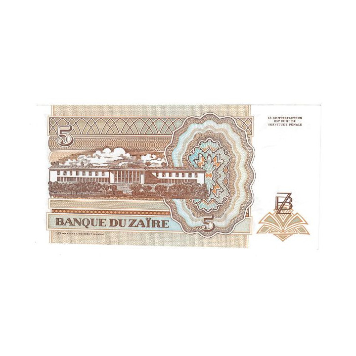Zaire 5 Makuta 1993 P-48a UNC