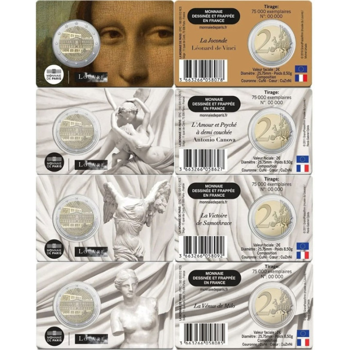 France 2 Euro 2025 "Louvre Museum" BU (4 x Coin Cards)