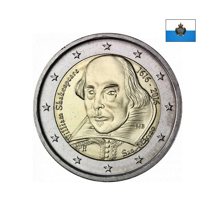 San Marino 2 Euro 2016 "William Shakespeare" BU (Coin Card)