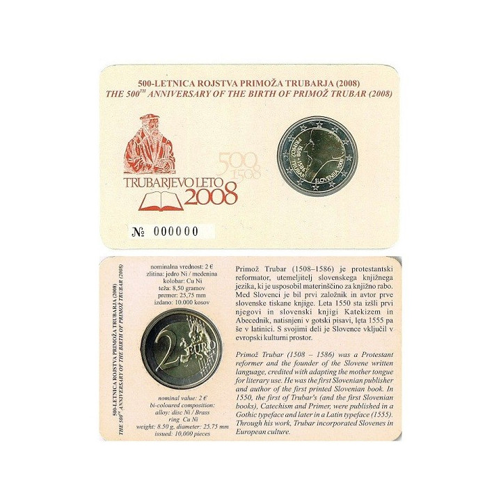 Slovenia 2 Euro 2008 "Primoz Trubar" BU (Coin Card)