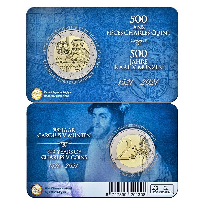 Belgium 2 Euro 2021 "Carolus V" BU (French, Coin Card)
