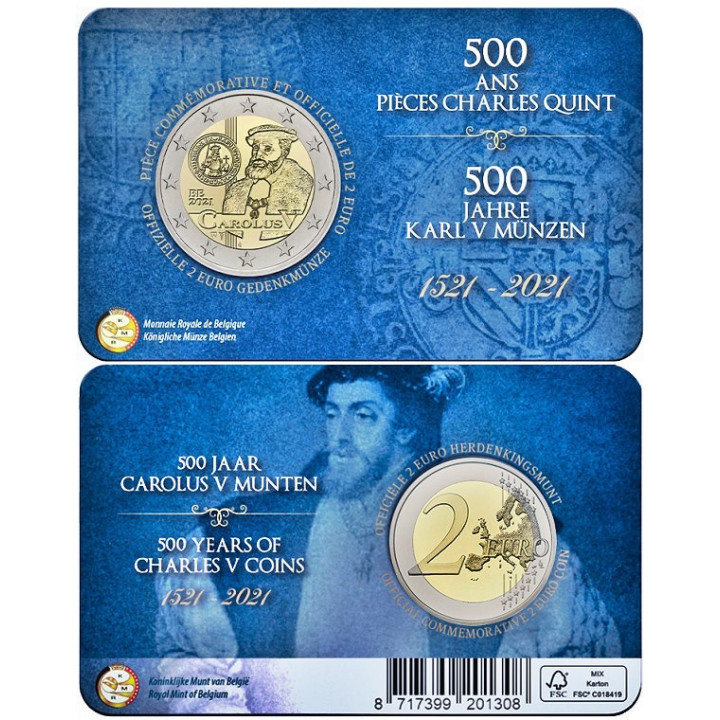 Belgium 2 Euro 2021 "Carolus V" BU (French, Coin Card)